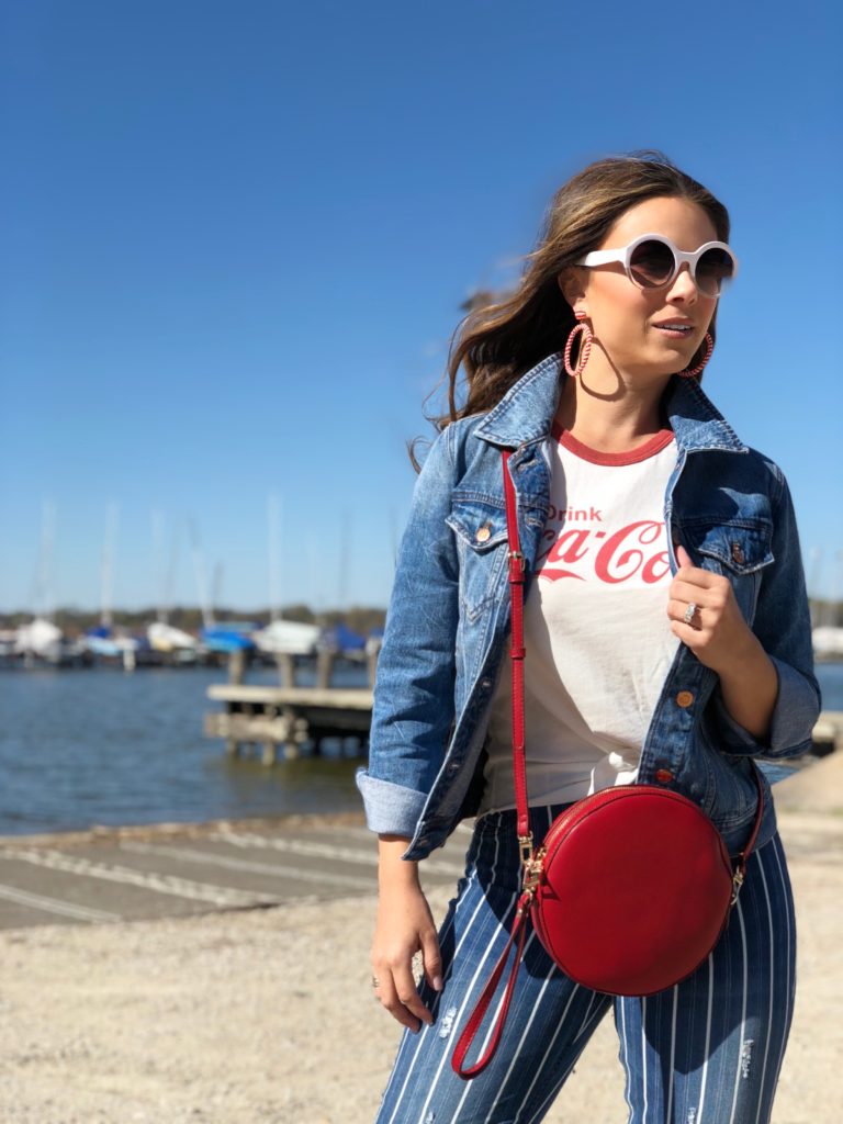 weekend wear, casual weekend wear, casual fashion, casual style, weekend style, weekend fashion, denim on denim, pops of red, red bag, white round sunglasses, style, fashion, dallas style blogger, dallas fashion  blogger, best dallas blogger, best dallas fashion blogger, best lifestyle blogger, spring fashion, spring style, meghan jones, the meghan jones