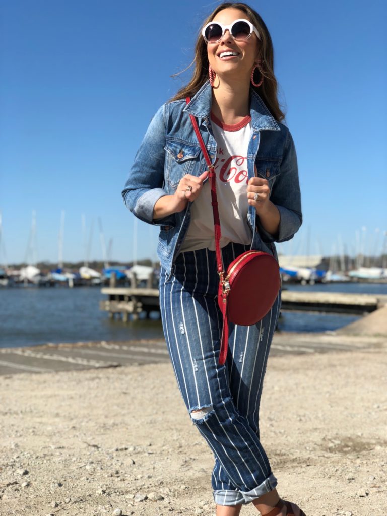 weekend wear, casual weekend wear, casual fashion, casual style, weekend style, weekend fashion, denim on denim, pops of red, red bag, white round sunglasses, style, fashion, dallas style blogger, dallas fashion  blogger, best dallas blogger, best dallas fashion blogger, best lifestyle blogger, spring fashion, spring style, meghan jones, the meghan jones